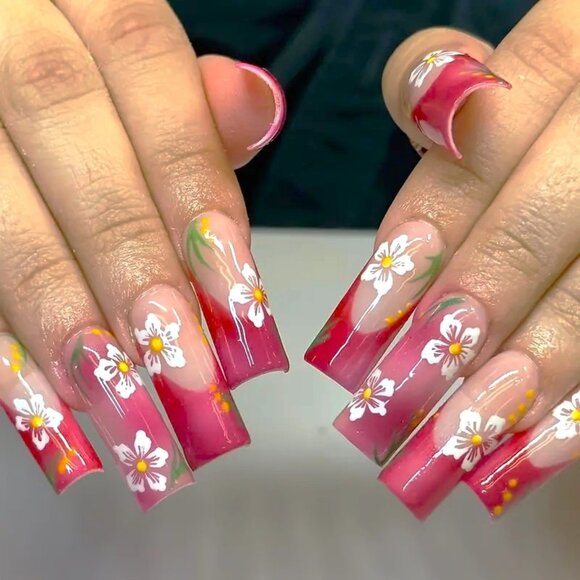 24 Cherry Blossom Nails Press On Style Kit Glam Flowers Red Colorful Vacation - Picture 1 of 4